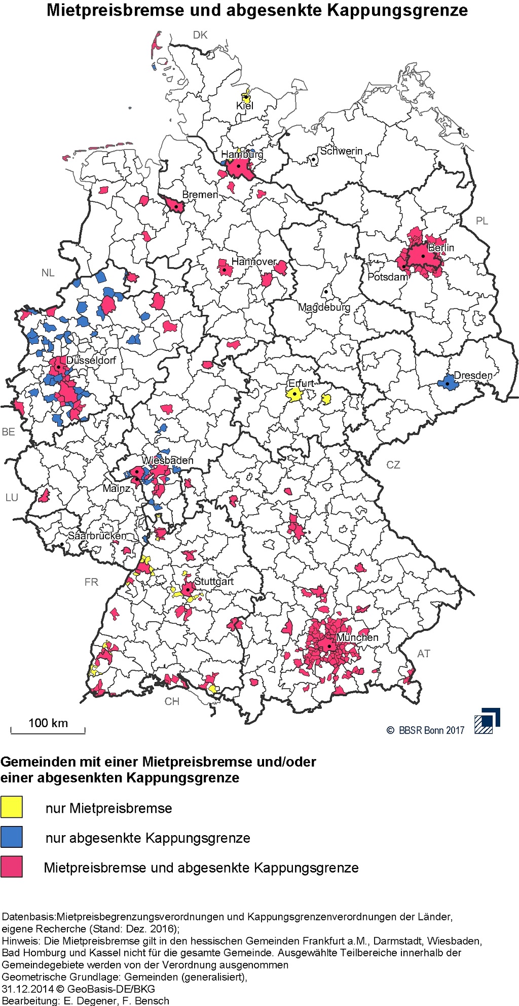 Deutschlandkarte, auf der die Gemeinden mit Kappungsgrenze und Mietpreisbremse farblich gekennzeichnet sind