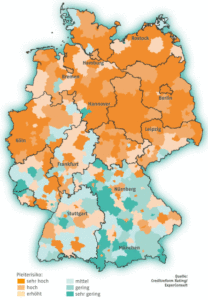 Deutschlandkarte mit farblichen Flächen, je nach Risiko, dass ein Bauunternehmen insolvent wird