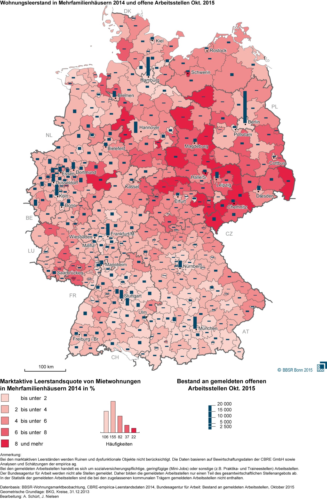 Deutschlandkarte mit farblichen Markierungen für verfügbaren Wohnraum und Angaben zu den offenen Arbeitsstellen