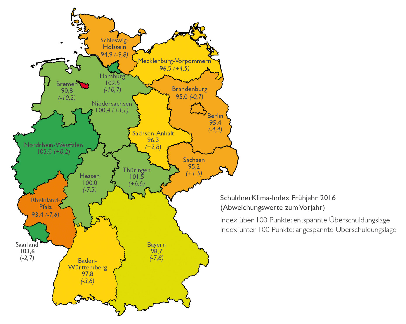 Deutschlandkarte mit eingefärbten Ländern je nach Überschuldungsgrad der Einwohner