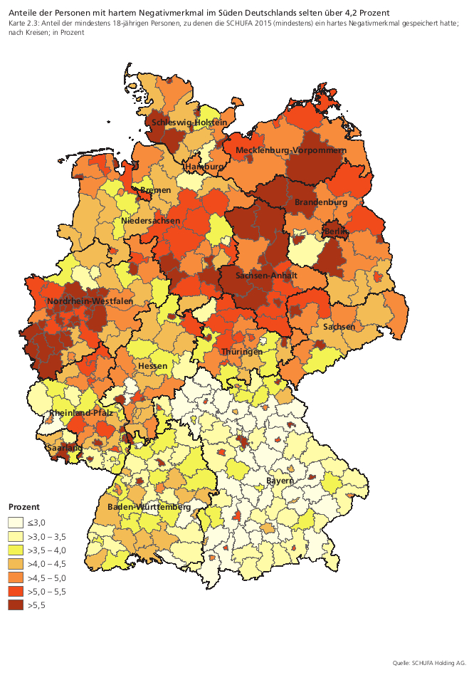 Deutschlandkarte mit farbigen Flächen je nach Masse der Schufa Negativmerkmale